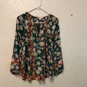 Green and Orange Floral Blouse - Size M
